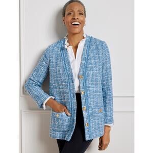 Talbots Tweed Plaid Coatigan Blazer Jacket Blue Pink Classic Preppy women 16 New